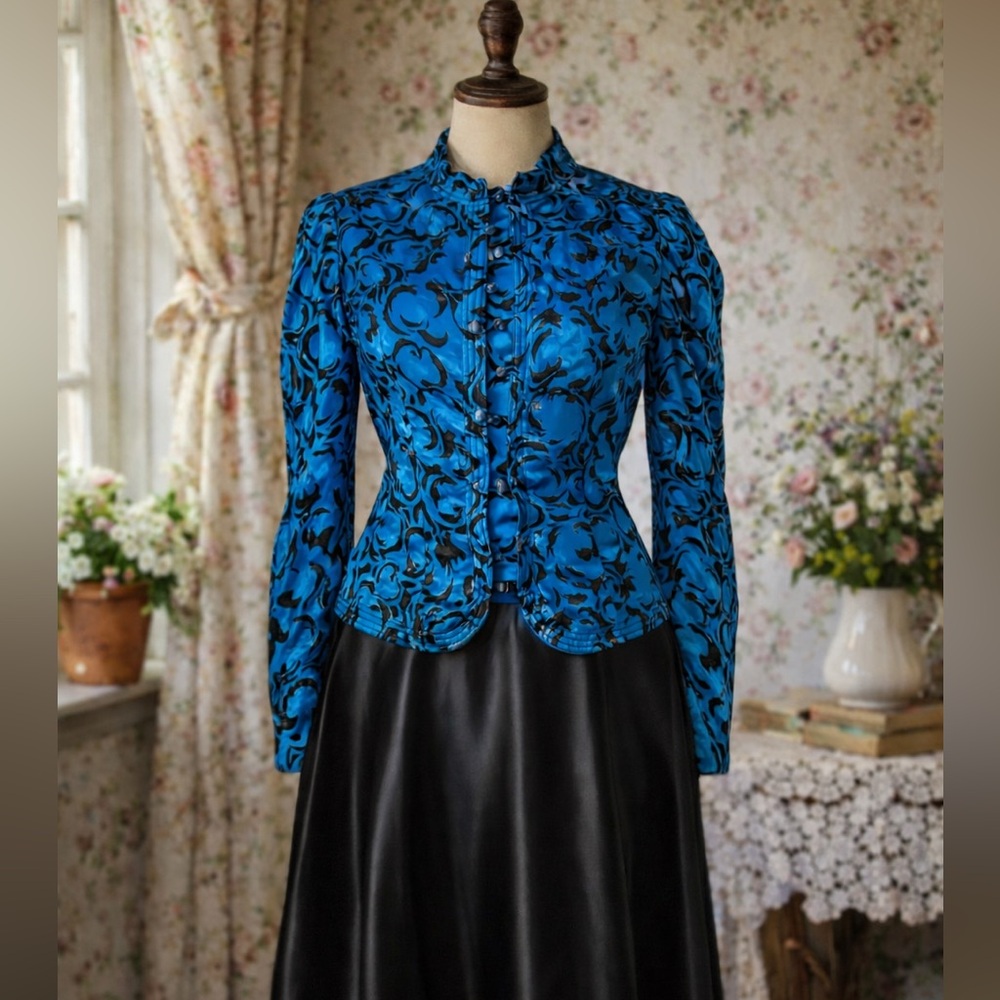 Vintage 1980s Maggy London by Jeannene Booher silk blue & black blouse